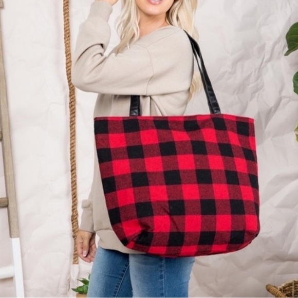 Plaid Flannel Shoulder Tote Bag Red Black Buffalo Plaid Tote - Picture 1 of 5